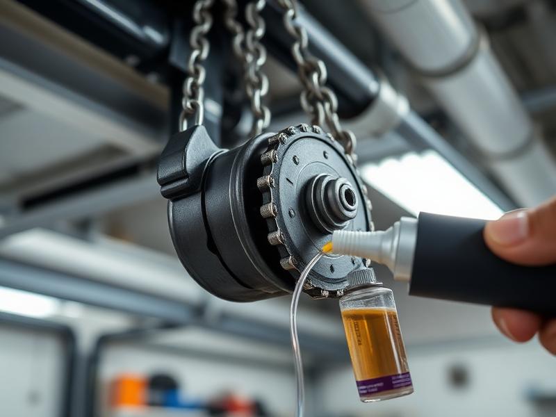 Professional technician performing garage door chain maintenance and lubrication