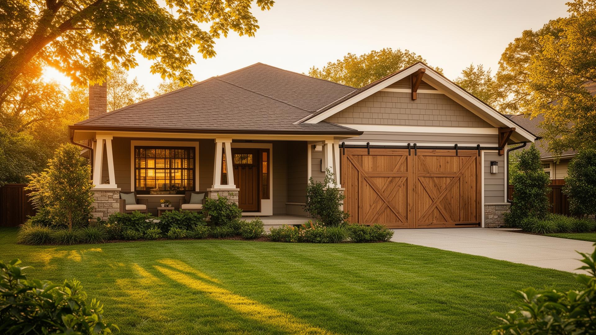 Professional farmhouse barn-style garage door with X-pattern on a charming craftsman bungalow