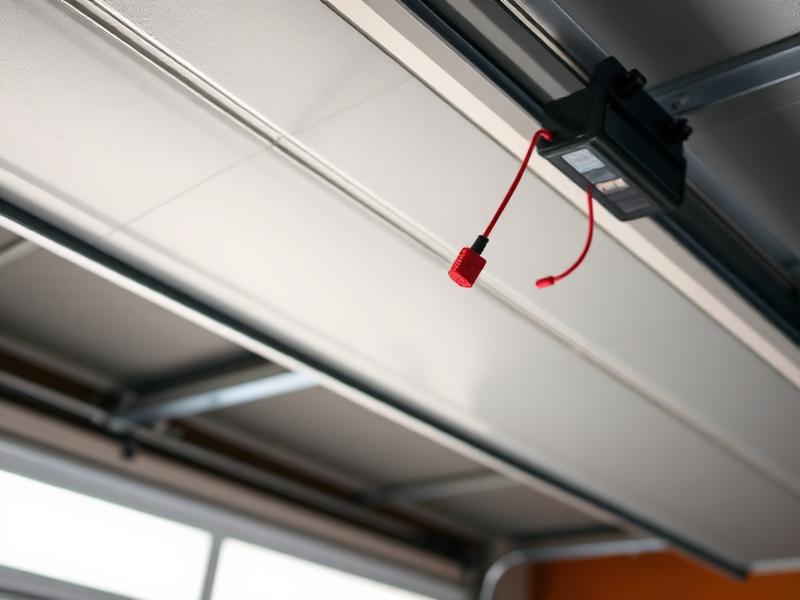 Close-up of garage door emergency manual release cord and mechanism